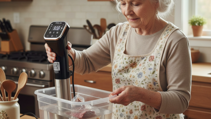 Bác gái hạnh phúc khi nấu ăn bằng máy sous vide ffe